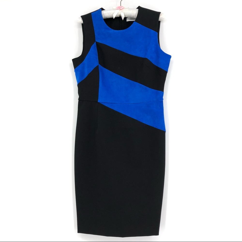 Calvin Klein Color Block Sheath Dress Black with Royal Blue Faux Suede Size 6